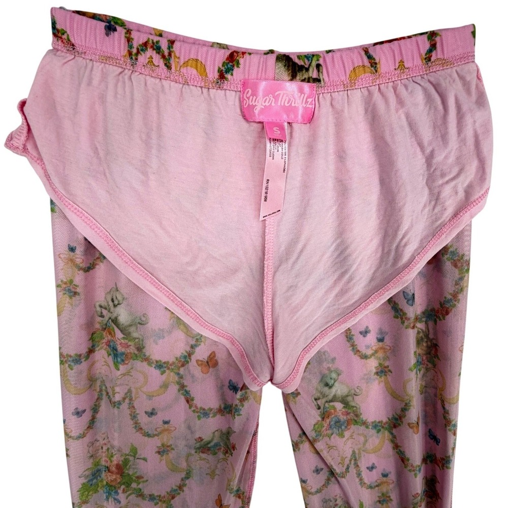 Sugar Thrillz Renaissance Floral Mesh Flare Pants Size S Pink High Rise Coquette - Picture 6 of 9